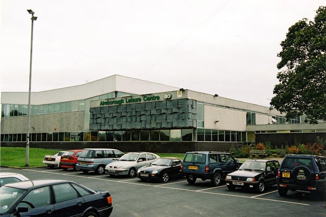 Aireborough Leisure Centre in October 2003. It was built in the late 1960s. The Sports Hall incorporates a Bodyline gym and facilities for football, badminton, basketball and squash. There is also a 25 metre pool and a climbing wall.
