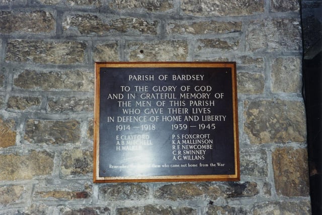 A memorial plaque on the wall of Bardsey Church, dedicated to the men of the parish who gave their lives in the two World Wars.