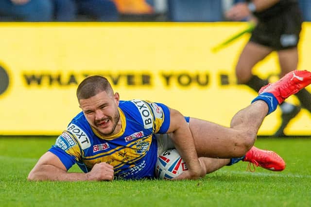 James Bentley touches down for his second try against St Helens.
 His and Leeds Rhinos' disciplinary record this season has been a problem area. Picture: Bruce Rollinson.
