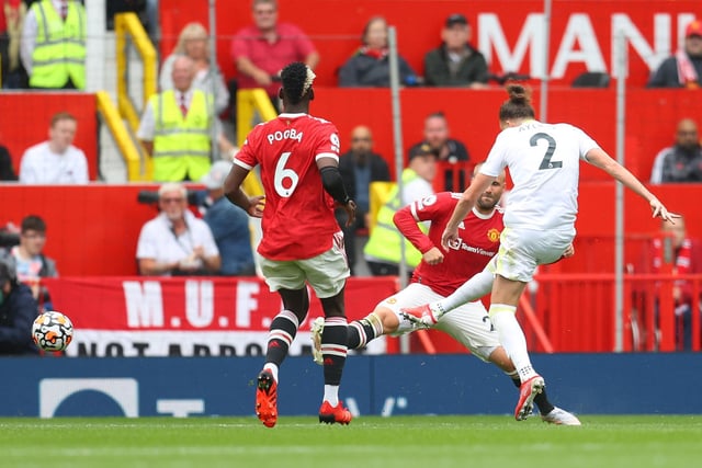 Luke Ayling's rocket at Old Trafford. The defender ran on to a square ball from Stuart Dallas some 35 yards out, took one touch to take the ball forward and then unleashed an absolute thunderbolt into the top left corner from 25 yards out. The stunning strike put Leeds level at 1-1 against the arch enemy but it counted for nothing in the end as Marcelo Bielsa's Whites were thumped 5-1. (Photo by Catherine Ivill/Getty Images)