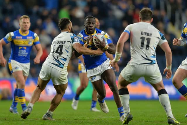 Leeds Rhinos' Muizz Mustapha takes on Eloi Pelissier and Andrew Dixon of Toulouse. 
Picture: Bruce Rollinson.