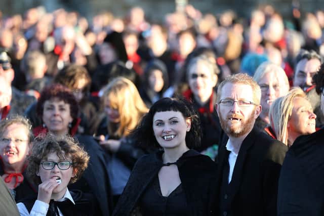 People dressed as Vampires at Whitby Abbey as they attempt to set a new Guinness World Record for the most amount of vampires in one place on the on 125th anniversary of the publication of Dracula. PIC: Nigel Roddis/PA Wire