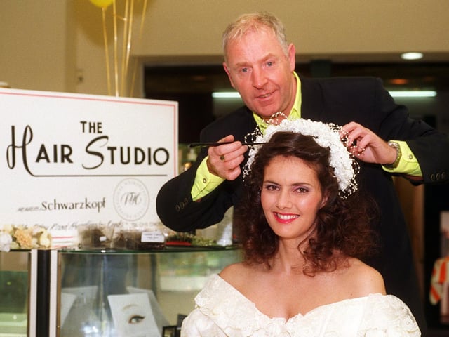 Hairdresser Henry Boocock demonstrates his work on model, Annabel, at The Elizabeth Arden Counter in the Schofield Centre.