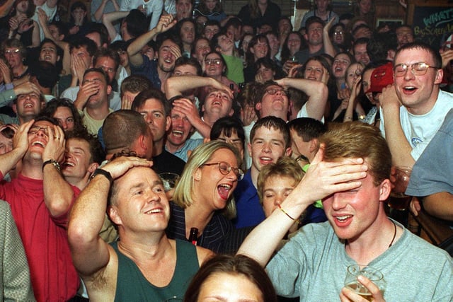 The agony and ecstasy as England fans watch the Three Lions in action during Euro 96 at Woodies in Headingley.