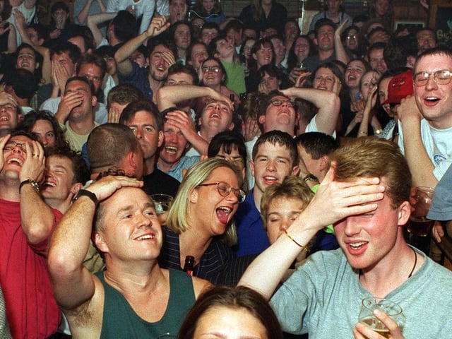 The agony and ecstasy as England fans watch the Three Lions in action during Euro 96 at Woodies in Headingley.