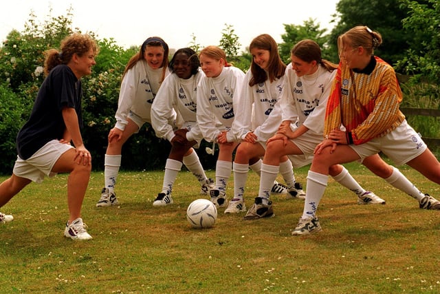 Leeds United's U-15s girls team limber up ahead of the Coca-Cola Sixes Tournament in London. Pictured, from left, is manager Julie Rayner, Sarah Binns, Nadine Ruddock, Nicola Wood, Rachel Barber, Gemma Cowie and Clare Farrow.