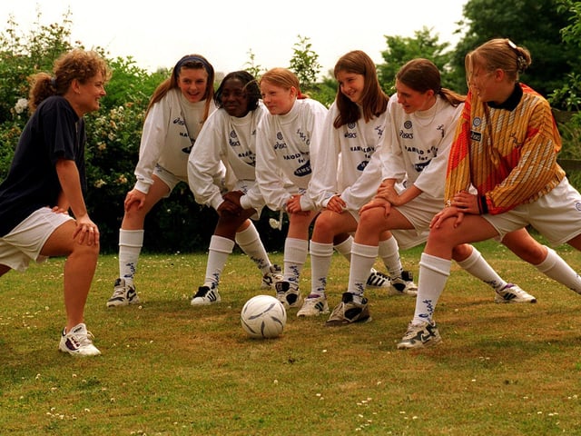 Leeds United's U-15s girls team limber up ahead of the Coca-Cola Sixes Tournament in London. Pictured, from left, is manager Julie Rayner, Sarah Binns, Nadine Ruddock, Nicola Wood, Rachel Barber, Gemma Cowie and Clare Farrow.