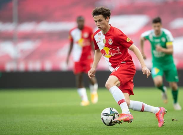 Brenden Aaronson controls the ball during a Bundesliga match between RB Salzburg and WSG Tirol in May 2021. Pic: Andreas Schaad.