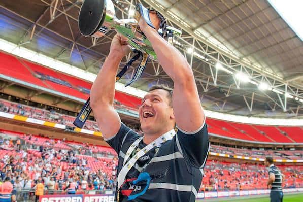Brett Ferres celebrates with the 1895 Cup at Wembley last year. Picture by Allan Mckenzie/SWpix.com.