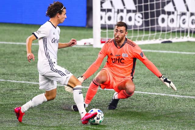 BIG IMPRESSION: Made on David Prutton by Brenden Aaronson, left, during the MLS Is Back tournament during the summer of 2020, above, the midfielder pictured in action for Philadelphia Union against New England Revolution.
Photo by Adam Glanzman/Getty Images.
