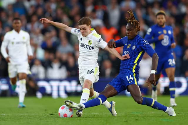 'KILLING IT': Nineteen-year-old Leeds United midfielder Lewis Bate, left, pictured battling it out with Chelsea's Trevoh Chalobah in this month's clash against the Blues at Elland Road. Photo by Clive Brunskill/Getty Images.