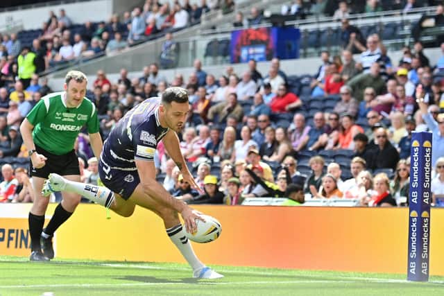 Featherstone's Craig Hall touches down against Leigh Centurions in the 1895 Cup final. Picture: Will Palmer/SWpix.com.
