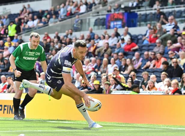 Featherstone's Craig Hall touches down against Leigh Centurions in the 1895 Cup final. Picture: Will Palmer/SWpix.com.
