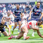 Leigh Centurions' Edwin Ipape touches down against Featherstone Rovers in the 1895 Cup final. Picture: Picture by Allan McKenzie/SWpix.com.