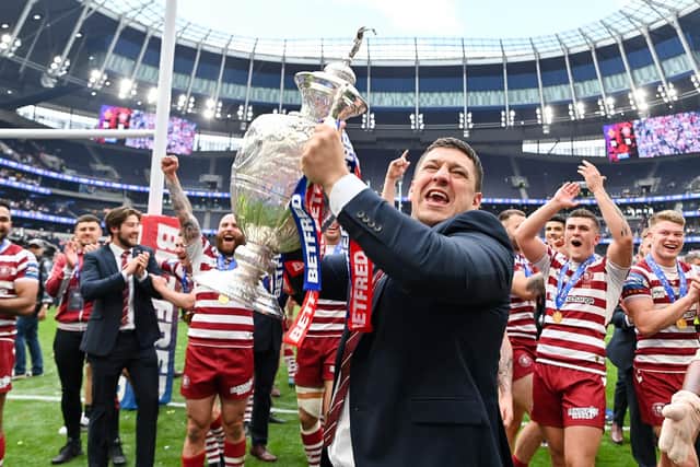 Wigan Warriors head coach Matt Peet celebrates with his team after winning the Betfred Challenge Cup Final. Picture: Will Palmer/SWpix.com.