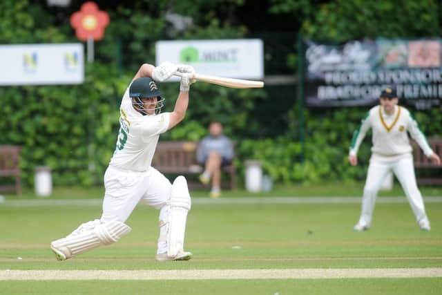 New Farnley's Steve Bullen hits the front foot during his innings of 67 against Pudsey St Lawrence. Picture: Steve Riding.