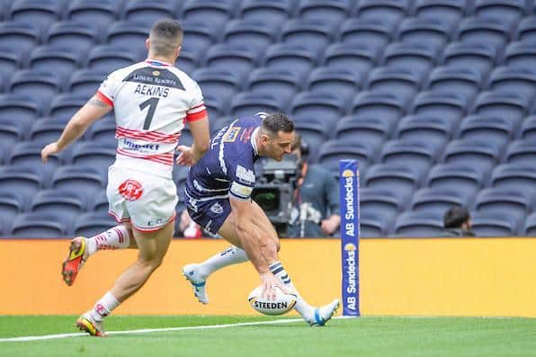Craig Hall scores his first try for Rovers in their 1895 Cup final defeat by Leigh at Tottenham Hotspur Stadium, Picture by Allan McKenzie/SWpix.com.