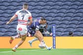 Craig Hall scores his first try for Rovers in their 1895 Cup final defeat by Leigh at Tottenham Hotspur Stadium, Picture by Allan McKenzie/SWpix.com.