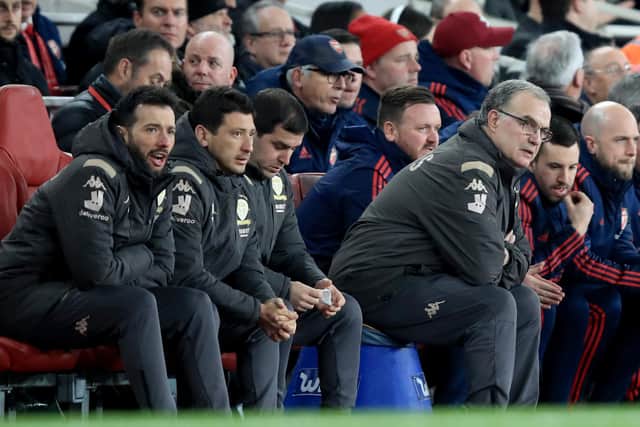 COACH: Huddersfield Town manager Carlos Corberan (L) during his time alongside Marcelo Bielsa at Leeds United (Photo by Marc Atkins/Getty Images)