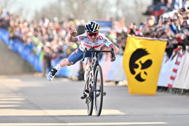 Tom Pidcock celebrates his victory at the Walmart UCI Cyclo-cross World Championships in Arkansas, USA, in January this year Picture by Will Palmer/SWpix.com