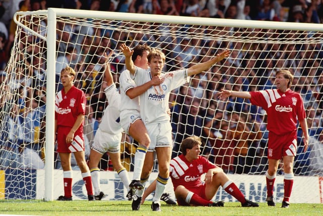 Lee Chapman celebrates his late equaliser during the Premier League clash against Liverpool at Elland Road in August 1992.