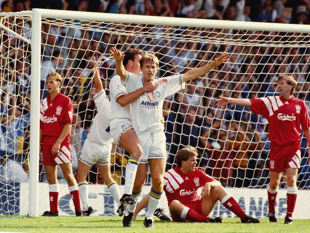 Lee Chapman celebrates his late equaliser during the Premier League clash against Liverpool at Elland Road in August 1992.