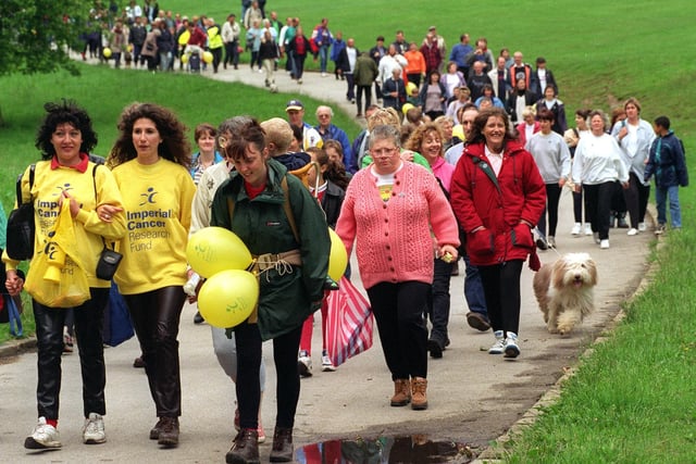 Coronation Street actress Gaynor Faye leads the way in the Imperial Cancer Research Fund Walk for a Cure at Roundhay Park.