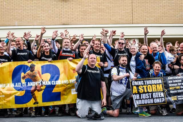 The walkers at the finish line, outside Elland Road's East Stand. Pic: David Wild.