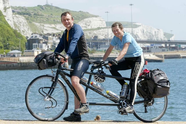 May 2004 and cancer sufferer Jane Tomlinson and brother Luke Goward arrive in Dover during their Rome to Leeds bike ride to raise money for charity. To date the duo had raised more than £90,000 for charity and were just £10,000 short of their £100,000 target.