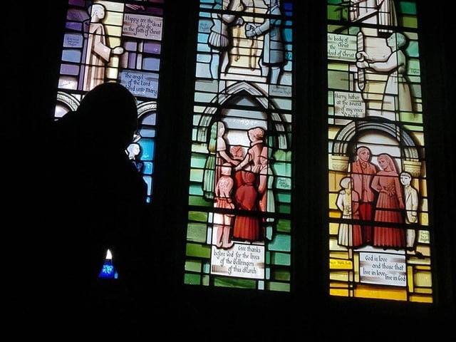 The bell ringers of All Saints Church  illustrated their passion for bellringing in March 2004 by commissioning a stained glass window for their church which shows why bells were rung at different times through history. 