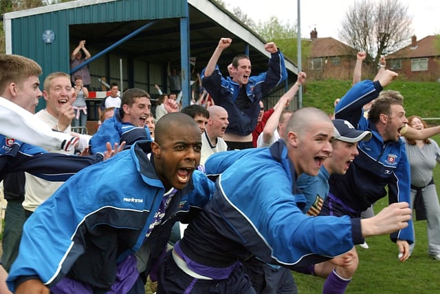 Amaranth 95 celebrate beating Moorhouse in a penalty shoot out in the Leeds Sunday Football League Presidents Cup Final at Yorkshire Amateur Football Club in April 2004.