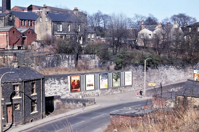 The junction between Bank Street and Brunswick Street, taken from Dawson Hill in April 1969. Bank Street runs from Victoria Road to Church Street, first down a steep section locally called the Old Hill