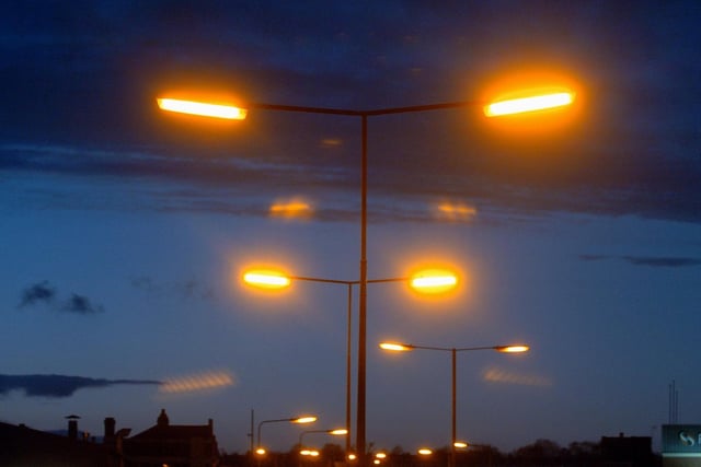 Orange street lights along Armley Road in November 2004.