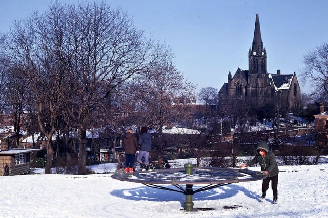 St. Mary's-in-the-Wood Church on Troy Hill viewed in the snow in February 1969 from the back of Queen Elizabeth II's children's playground.