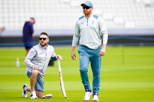 New England men's Test coach Brendon McCullum (left) alongside Jonny Bairstow during a nets session at Lord's. Picture: Adam Davy/PA.