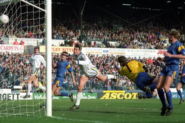 Lee Chapman heads home against Wimbledon at Elland Road in March 1992. He bagged a hat-trick as Leeds won 5-1.