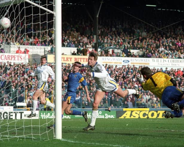 Lee Chapman heads home against Wimbledon at Elland Road in March 1992. He bagged a hat-trick as Leeds won 5-1.