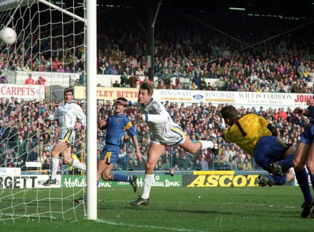 Lee Chapman heads home against Wimbledon at Elland Road in March 1992. He bagged a hat-trick as Leeds won 5-1.