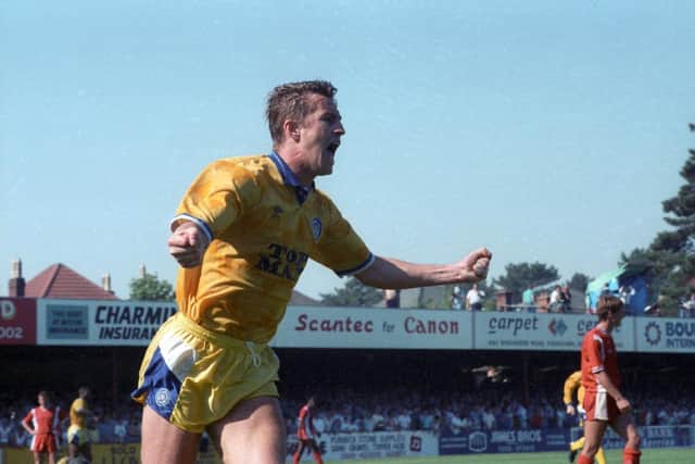 Lee Chapman celebrates scoring the winner against AFC Bournemouth at Dean Court in May 1990.