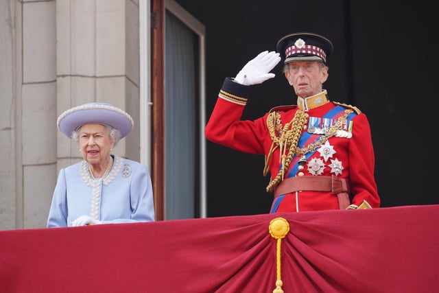 Queen Elizabeth II and the Duke of Kent watch from the balcony during the Trooping the Colour ceremony at Horse Guards Parade.