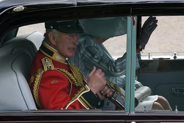 The Prince of Wales leaves Buckingham Palace for the Trooping the Colour ceremony.