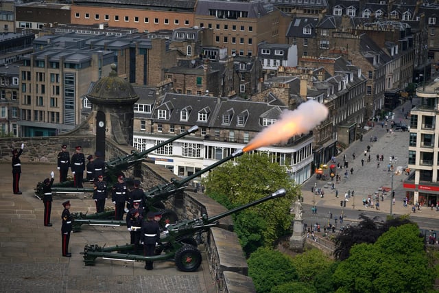 The 105th Regiment Royal Artillery, The Scottish and Ulster Gunners during the Royal Gun Salute at Edinburgh Castle to mark the start of the Platinum Jubilee celebratory weekend.
