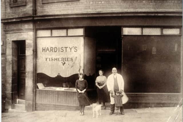 Members of the Hardisty family outside Hardisty's Fisheries. (Image courtesy of Abbey House Museum)