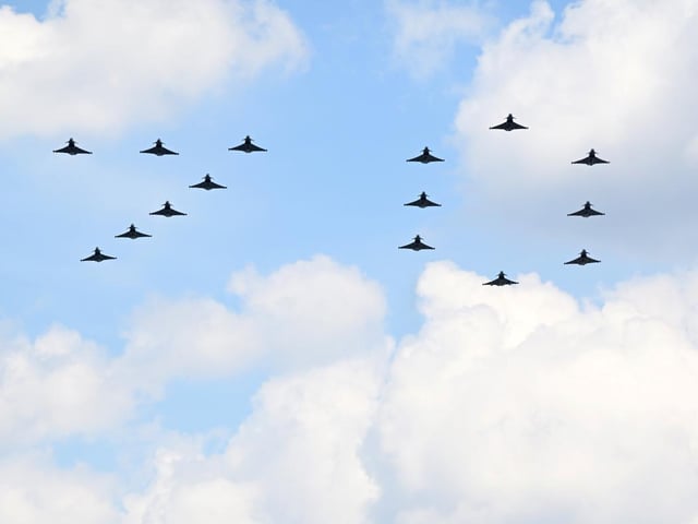 RAF Typhoon jets fly in formation of the number 70 over Buckingham Palace in London during the Platinum Jubilee flypast on day one of the Platinum Jubilee celebrations