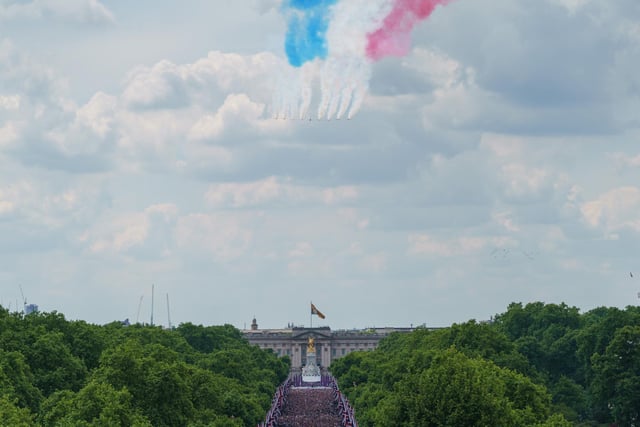 The Red Arrows make a flypast at the conclusion of the Trooping the Colour ceremony at Horse Guards Parade, central London, as the Queen celebrates her official birthday, on day one of the Platinum Jubilee celebrations
