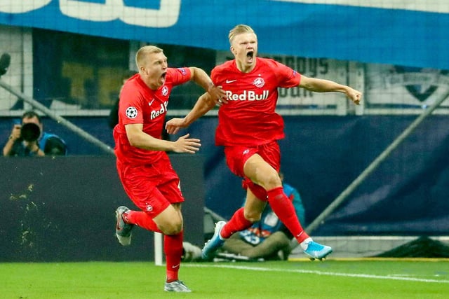 On his full Champions League debut, Kristensen celebrates with fellow debutant Erling Haaland who bags a hat-trick as the Red Bulls thrash Genk 6-2 in a Group E clash.
