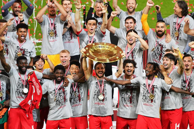 Kristensen lifts the Bundesliga trophy with RB Salzburg. The full-back only contributed 12 league appearances as the second half of his season was blighted by a hamstring injury.