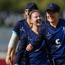 CLOSE CALL: Northern Diamonds' Hollie Armitage (right) and Linsey Smith celebrate the victory over Lightning. Picture: Alex Whitehead/SWpix.com.