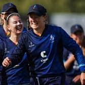 CLOSE CALL: Northern Diamonds' Hollie Armitage (right) and Linsey Smith celebrate the victory over Lightning. Picture: Alex Whitehead/SWpix.com.