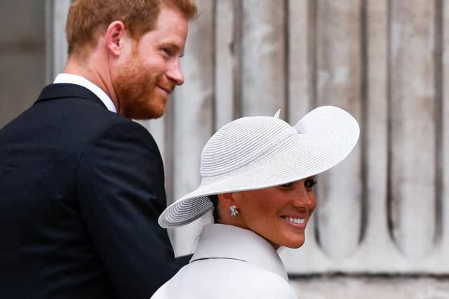 Prince Harry and his wife Meghan, the Duke and Duchess of Sussex, arrive to the National Service of Thanksgiving for The Queen's reign at Saint Paul's Cathedral.
